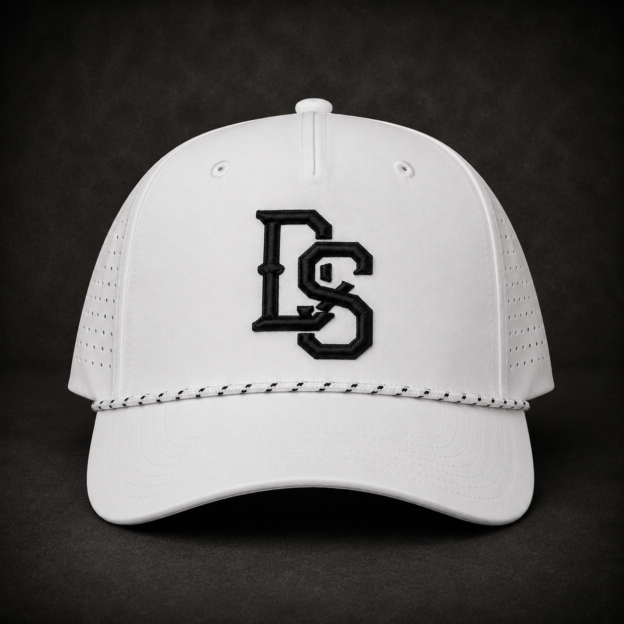 White baseball cap with embroidered DS logo, perforated sides, curved brim, snapback strap.