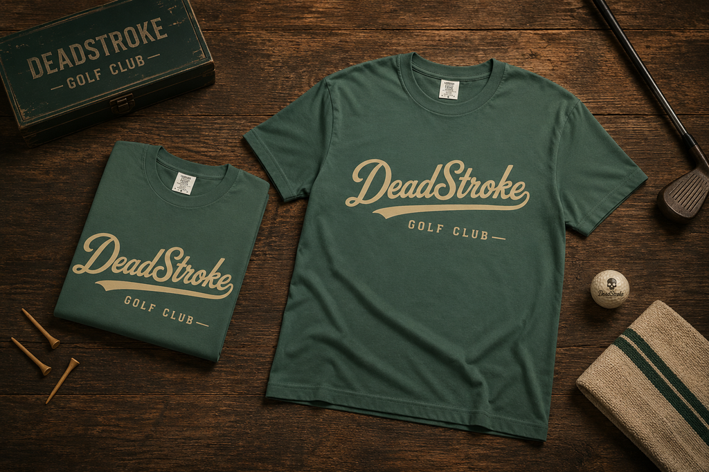 Green crewneck graphic T-shirt with DeadStroke Golf Club script logo on chest.